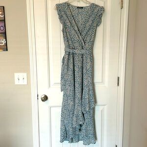 Women’s summer dress, ruffle cap sleeves, V neck, belted/wrap, Boho floral long